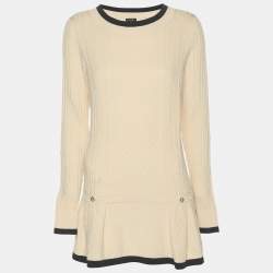 Pre Owned Chanel Cream & Blue Contrast Knit Pullover Top M