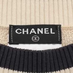 Pre Owned Chanel Cream & Blue Contrast Knit Pullover Top M