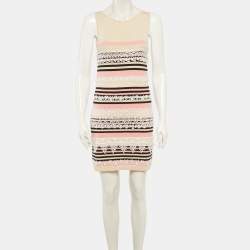 مملوكة مسبقًا Chanel Pink Striped Knit Lace Trim Mini Dress S