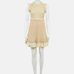 Pre Owned Chanel Beige Rib Knit Fringed Trim Mini Dress S