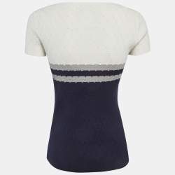 Pre Owned توب شانيل تريكو بنسيج أبيض/أزرق مقاس متوسط (ميديم)