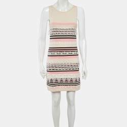 Pre Owned Chanel Pink Striped Lace Insert Cashmere Knit Dress S