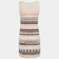 Pre Owned Chanel Pink Striped Lace Insert Cashmere Knit Dress S