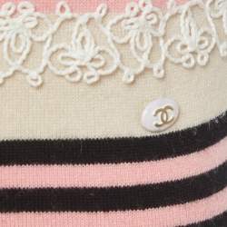 Pre Owned Chanel Pink Striped Lace Insert Cashmere Knit Dress S