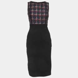Pre Owned Chanel Black/Navy Blue Check Crepe and Silk Mini Dress S