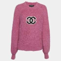 Pre Owned Chanel Pink CC Intarsia Boucle Sweatshirt M