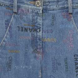 Pre Owned Chanel Blue Denim All Over Logo Print Wide Leg Jeans S/Waist 25"