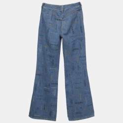 Pre Owned Chanel Blue Denim All Over Logo Print Wide Leg Jeans S/Waist 25"