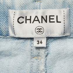 Pre Owned Chanel Blue Striped Denim Shorts S/ Waist 26"