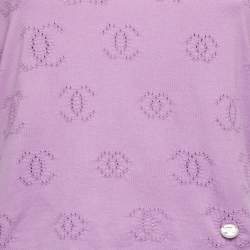 Pre Owned Chanel Purple CC Intarsia Jersey Pearl Detail T-Shirt L