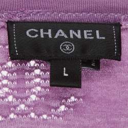 Pre Owned Chanel Purple CC Intarsia Jersey Pearl Detail T-Shirt L
