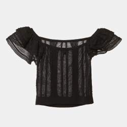 Pre Owned Chanel Black Cotton Knit Ruffle Off Shoulder Top S