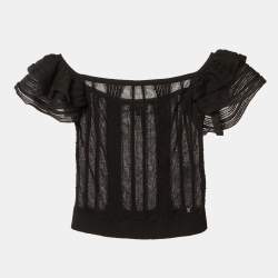 Pre Owned Chanel Black Cotton Knit Ruffle Off Shoulder Top S