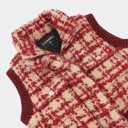 Pre Owned Chanel Tweed Cc Logo Down Vest Mohair, Wool, Polyester, Nylon, Linen Size 34 Red/Beige