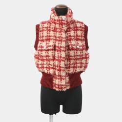 Pre Owned Chanel Tweed Cc Logo Down Vest Mohair, Wool, Polyester, Nylon, Linen Size 34 Red/Beige