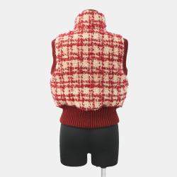 Pre Owned Chanel Tweed Cc Logo Down Vest Mohair, Wool, Polyester, Nylon, Linen Size 34 Red/Beige