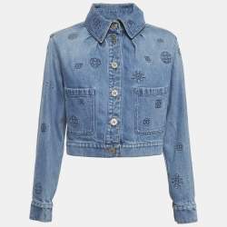مملوكة مسبقًا Chanel Blue Logo Patterned Denim Jacket S