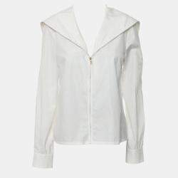 Pre Owned Chanel 18A Rhinestone Buttons Sailor-Collar Zip-Up Cotton Shirt Jacket
