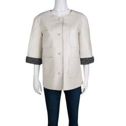 Pre Owned Chanel Off White Lambskin Leather Contrast Lined Pearl Buttoned Jacket M