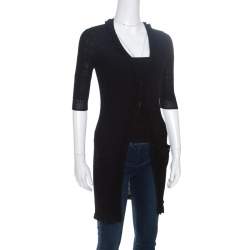 Pre Owned Chanel Black Rib Knit Ruffle Trim Long Cardigan S