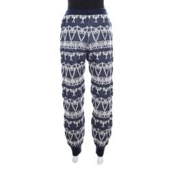 Pre Owned Chanel Navy Blue and White Cashmere Chunky Jacquard Knit Jogger Pants S