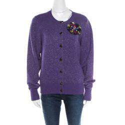 Chanel Purple Lurex Knit Cashmere Embellished Button Cardigan L