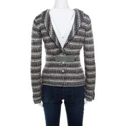 Pre Owned Chanel Monochrome Silk Blend Crystal Embellished Plunge Back Tweed Blazer S