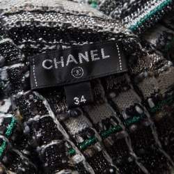 Pre Owned Chanel Monochrome Silk Blend Crystal Embellished Plunge Back Tweed Blazer S