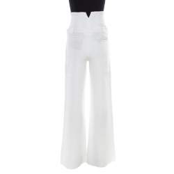 Chanel White Textured Cotton High Waisted Wide Leg Trousers S
