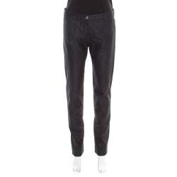 Pre Owned Chanel Black Glitter Denim Logo Button Detail Tapered Jeans M