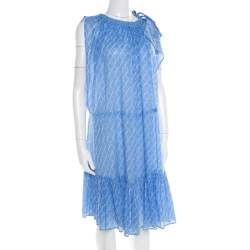 Chanel Blue Printed Cotton Shoulder Tie Detail Dress M
