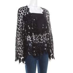 Pre Owned Chanel Black Sequined Cutout Guipure Lace Oversized Jacket M