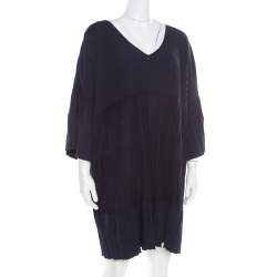 Chanel Navy Blue Knit Back Tie Detail Pleated Oversized Dress M