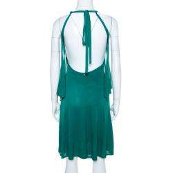 Chanel Emerald Green Perforated Mesh Knit Back Tie Detail Draped Dress S