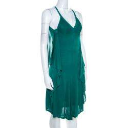 Chanel Emerald Green Perforated Mesh Knit Back Tie Detail Draped Dress S
