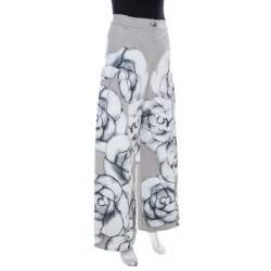 Chanel Grey Camellia Painted Denim High Waist Flared Jeans M 