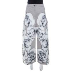 Chanel Grey Camellia Painted Denim High Waist Flared Jeans M 