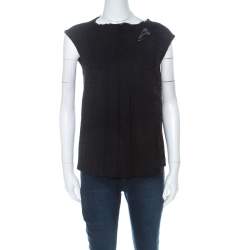 Chanel Black Wool Fringe Edge Brooch Detail Pleated Vest M 