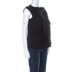 Chanel Black Wool Fringe Edge Brooch Detail Pleated Vest M 