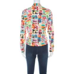 Chanel Vintage Multicolor Stretch Silk Crepe Abstract Print Cropped Shirt M