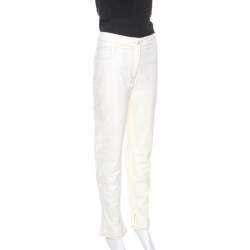 Pre Owned Chanel Cream Cotton Slub Denim Straight Fit Jeans L