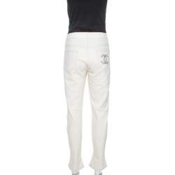 Pre Owned Chanel Cream Cotton Slub Denim Straight Fit Jeans L