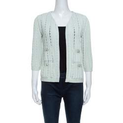 Chanel Mint Green Cotton Blend Perforated Knit Cardigan S