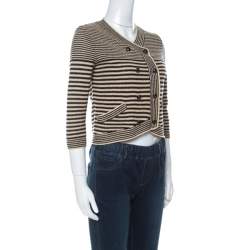 Pre Owned Chanel Black and Beige Striped Pattern Crochet Knit Silk Blend Cardigan S