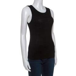 Pre Owned توب شانيل بلا أكمام حافة كروشيه مزيج قطن تريكو أسود L