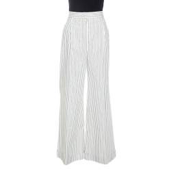 Chanel Off White Striped Cotton Wide Leg Trousers M