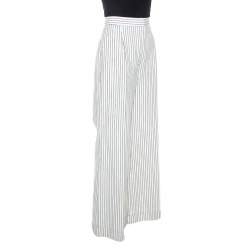 Chanel Off White Striped Cotton Wide Leg Trousers M