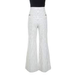 Chanel Off White Striped Cotton Wide Leg Trousers M