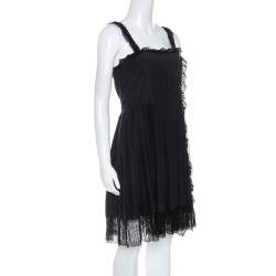 Chanel Black Silk Lace Trim Detail Pleated Dress M