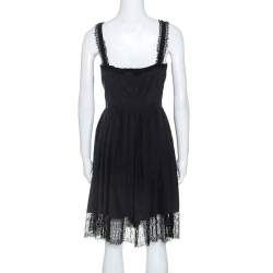 Chanel Black Silk Lace Trim Detail Pleated Dress M